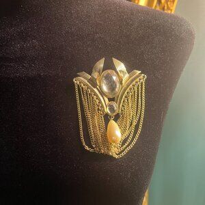 Vintage Egyptian Revival Art Deco Gold Tone Brooch w/ Faux Pearl and Rhinestone